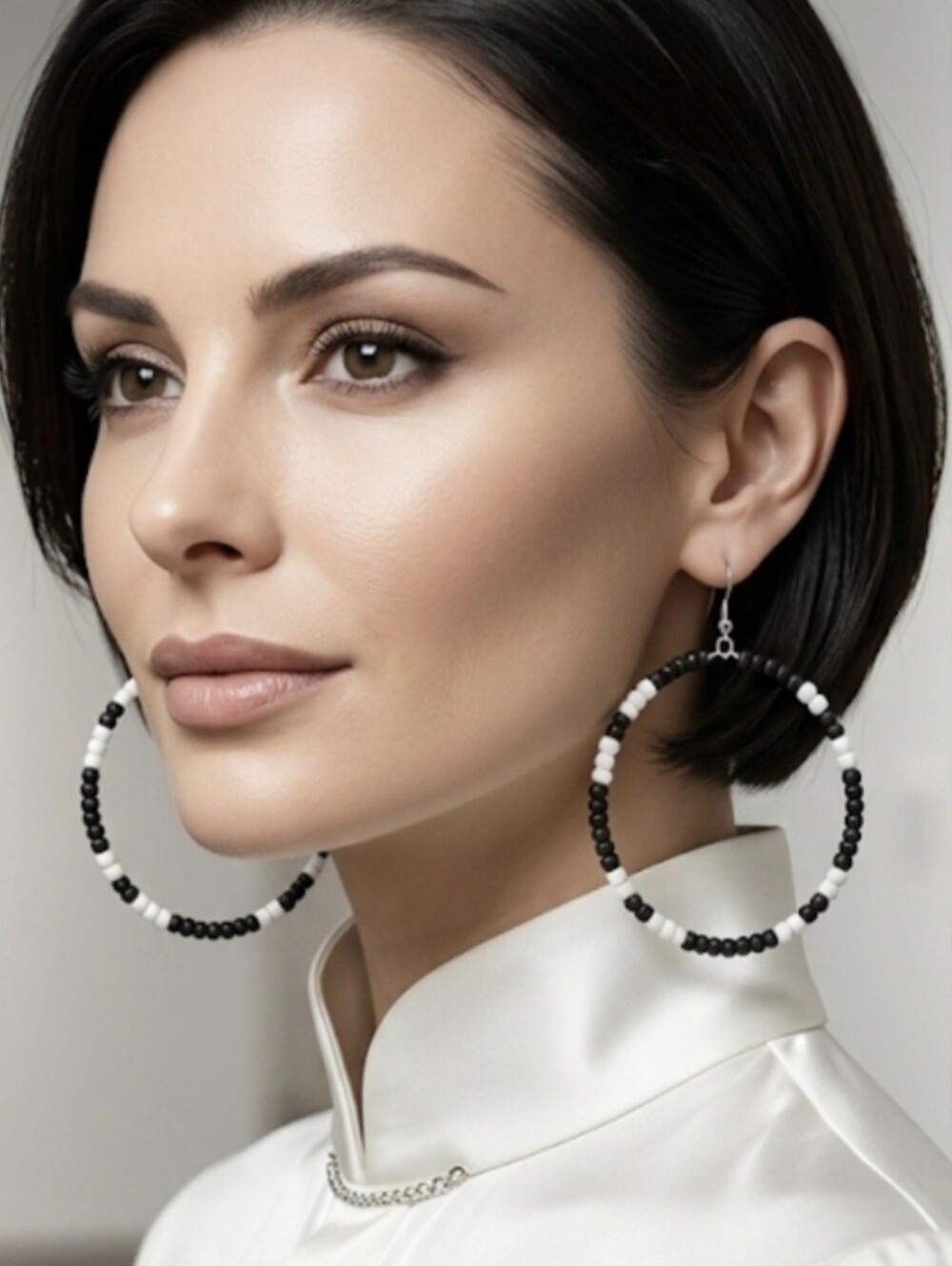 Black & White Beaded Hoop Earrings - Women Jewelry